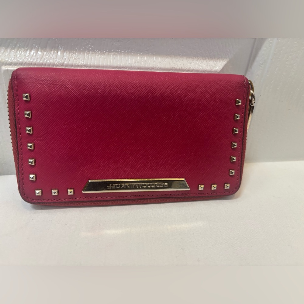 Rebecca Minkoff Hot Pink Studded Saffiano Leather Zip Wallet Compact Design 6x4”